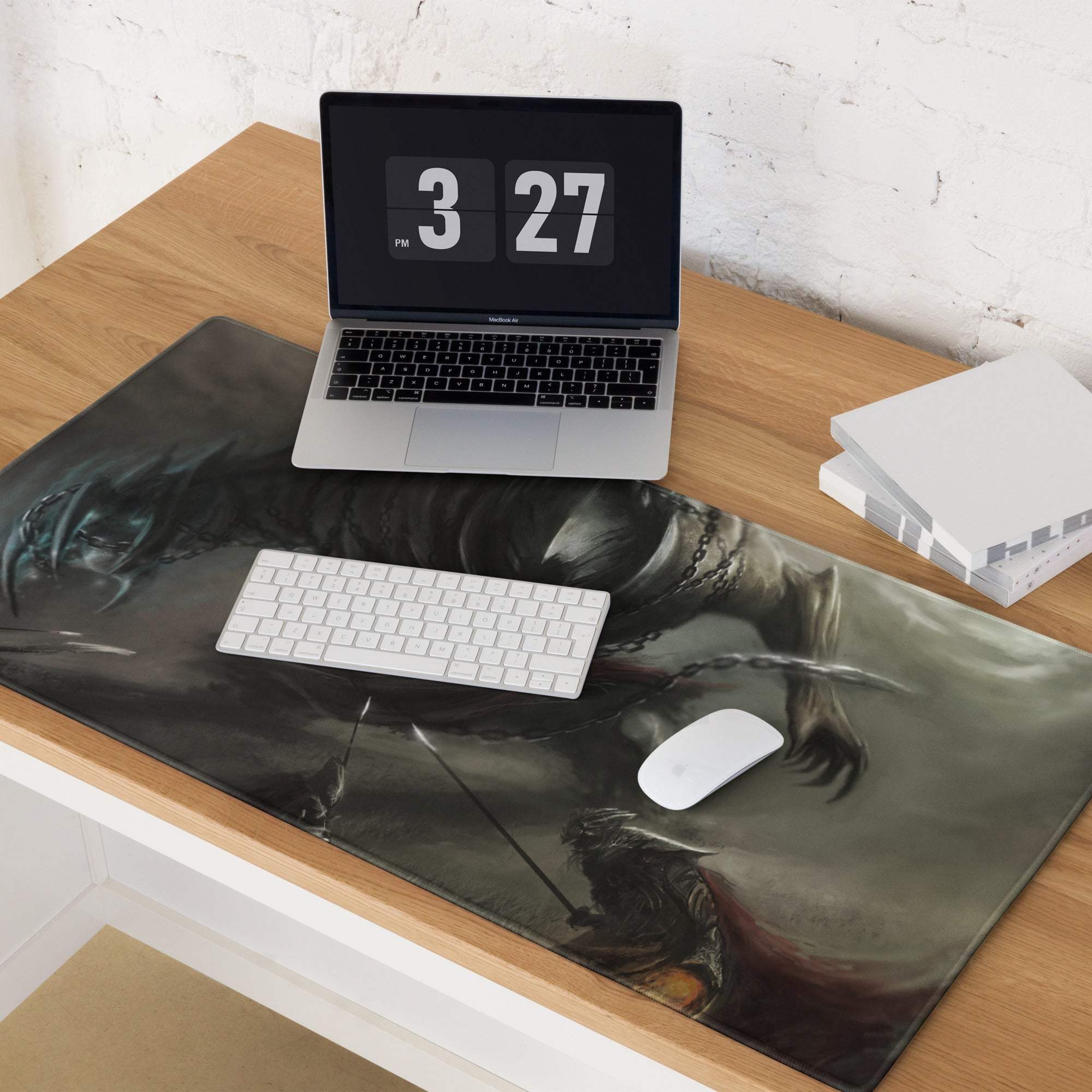 Dark gray fantasy gaming mousepad with armored warriors in epic battle