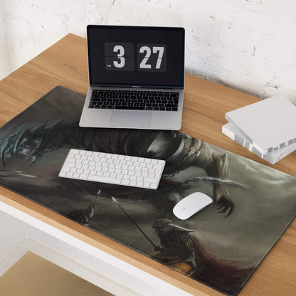 Dark gray fantasy gaming mousepad with armored warriors in epic battle