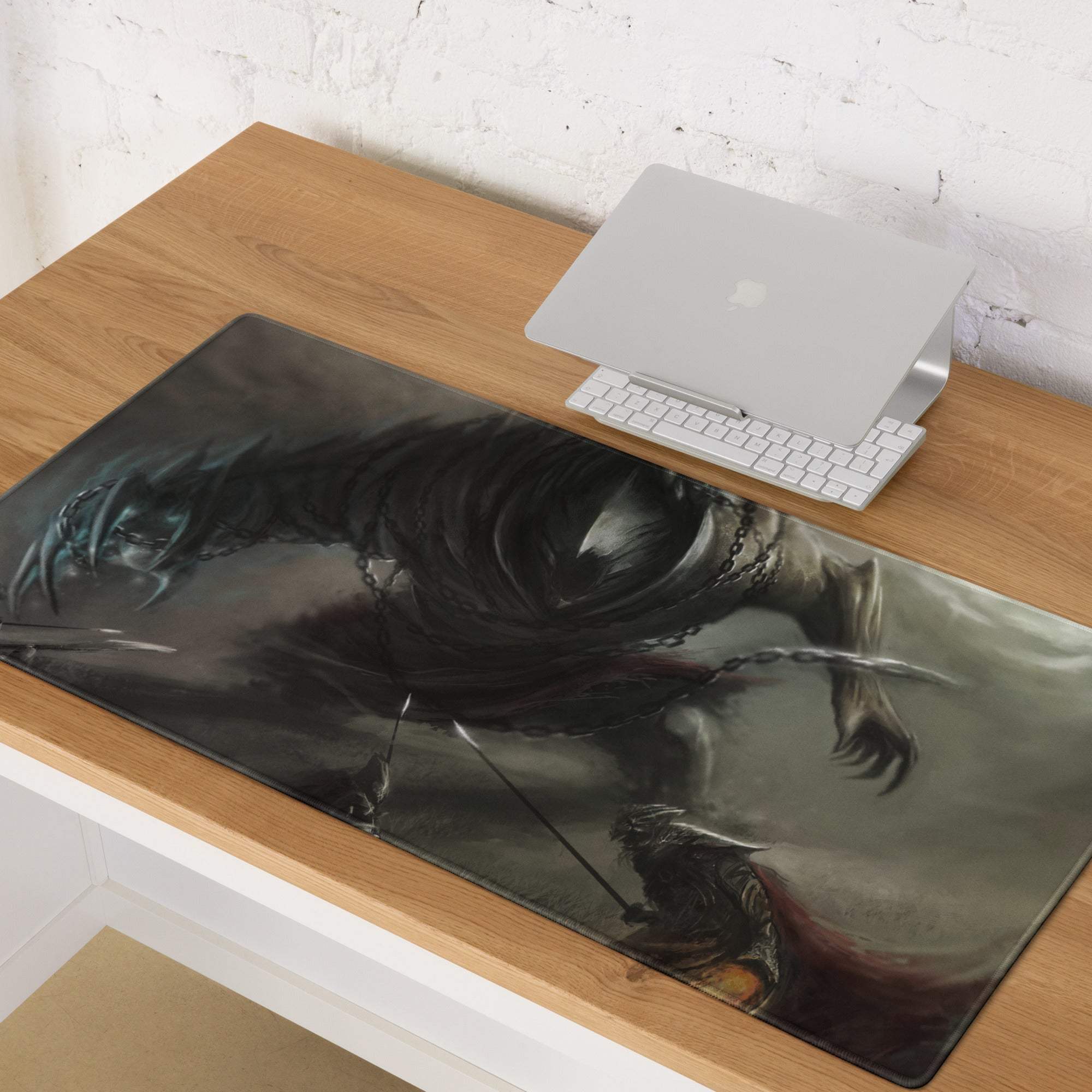 Epic dark fantasy battle scene gaming mouse pad with armored figure and chains