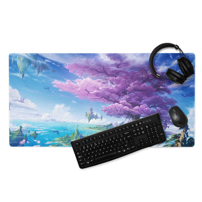 Fantasy landscape gaming mouse pad with sakura trees, floating islands, vibrant blues and pinks