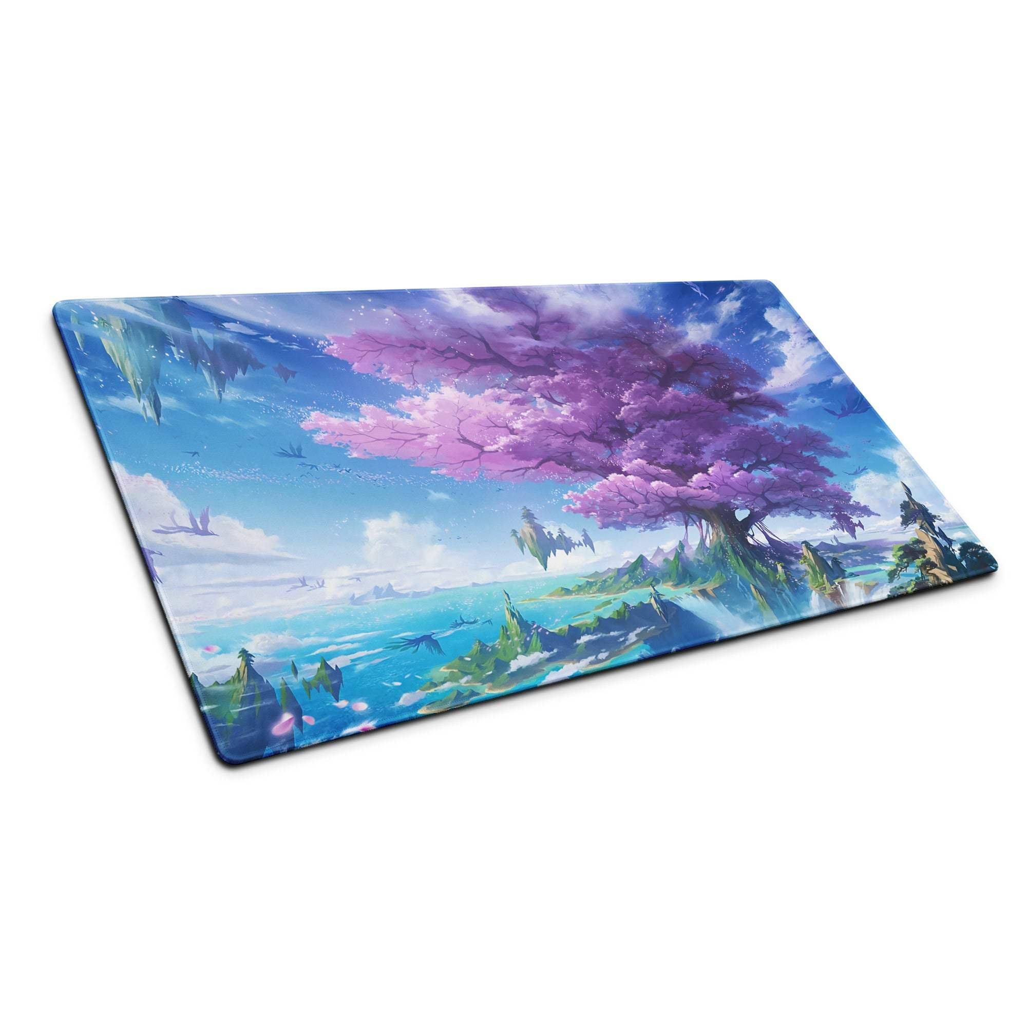 Vibrant fantasy gaming mouse pad with purple cherry blossom tree and islands