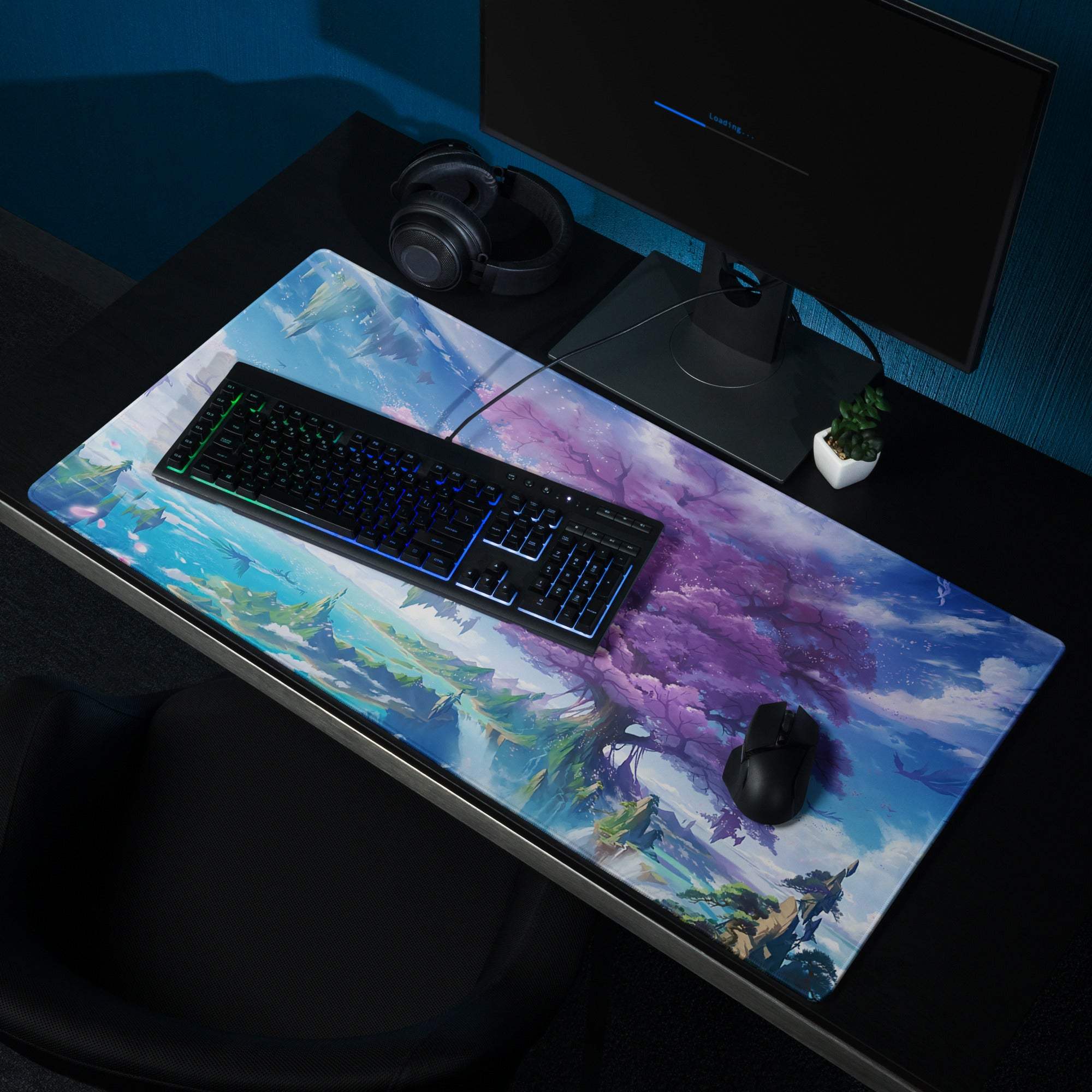 Vibrant fantasy landscape gaming mouse pad with large size and non-slip base