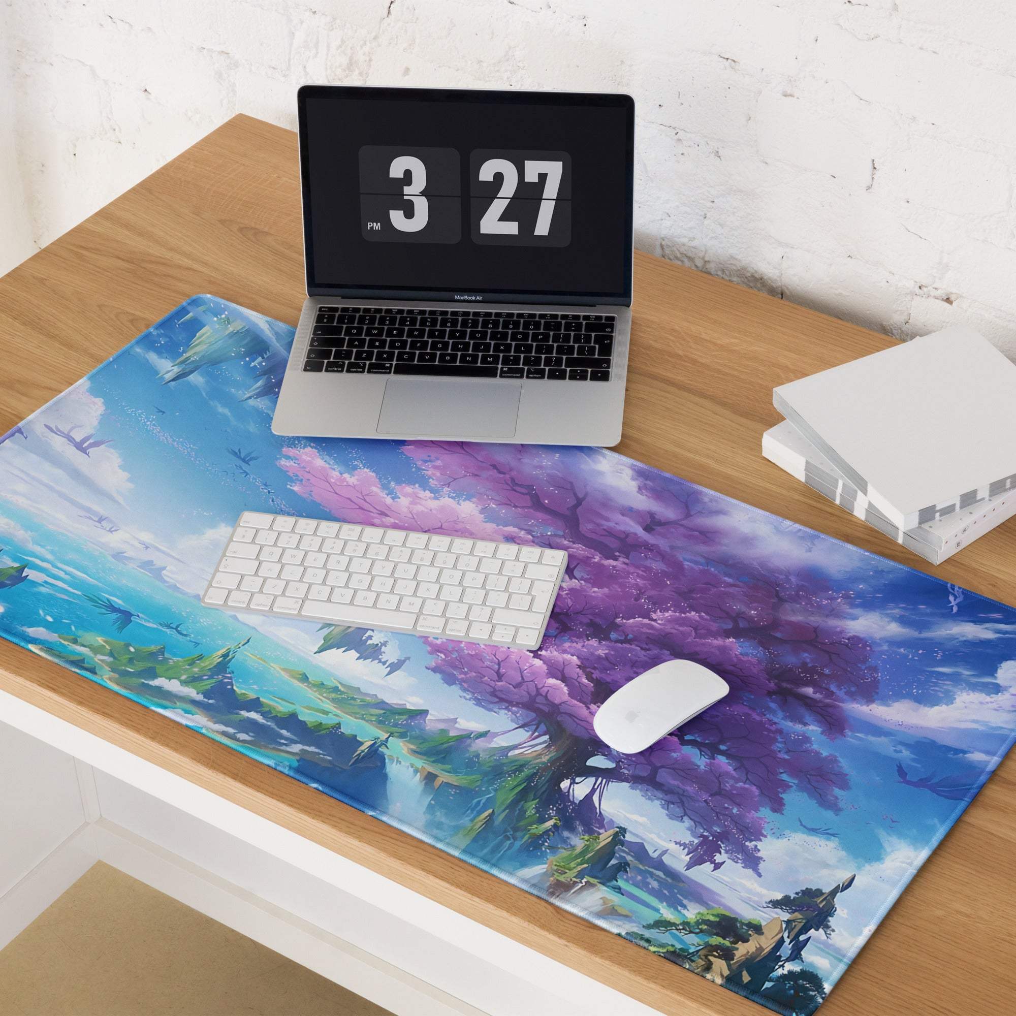 Vibrant fantasy landscape gaming mouse pad with purple trees, large size, non-slip base