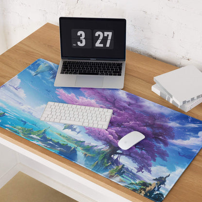 Vibrant fantasy landscape gaming mouse pad with purple trees, large size, non-slip base