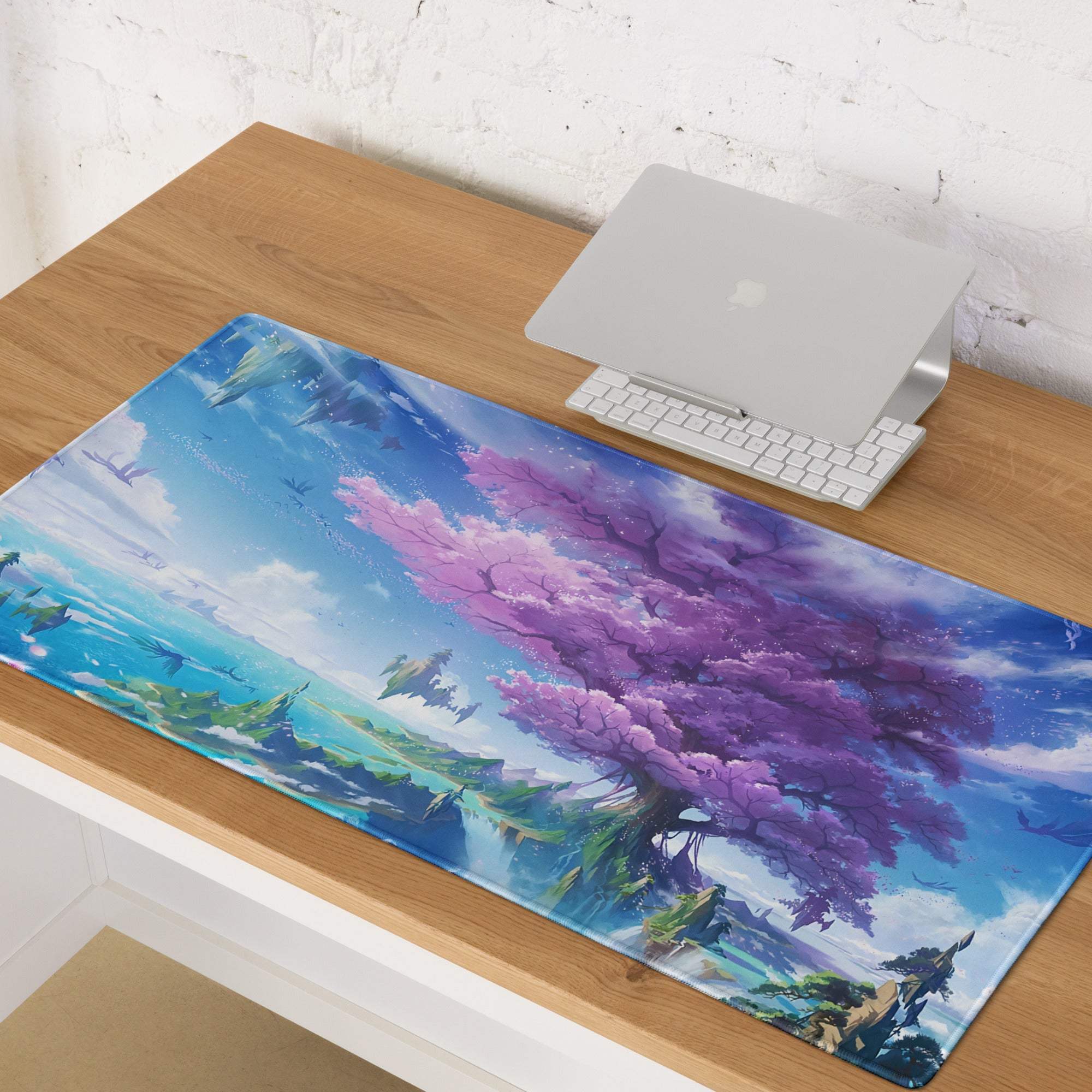 Vibrant anime sakura tree gaming mouse pad with floating islands