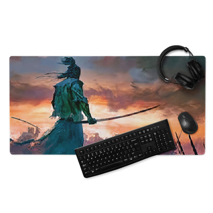 Epic fantasy samurai warrior with sword in fiery sunset on gaming mousepad