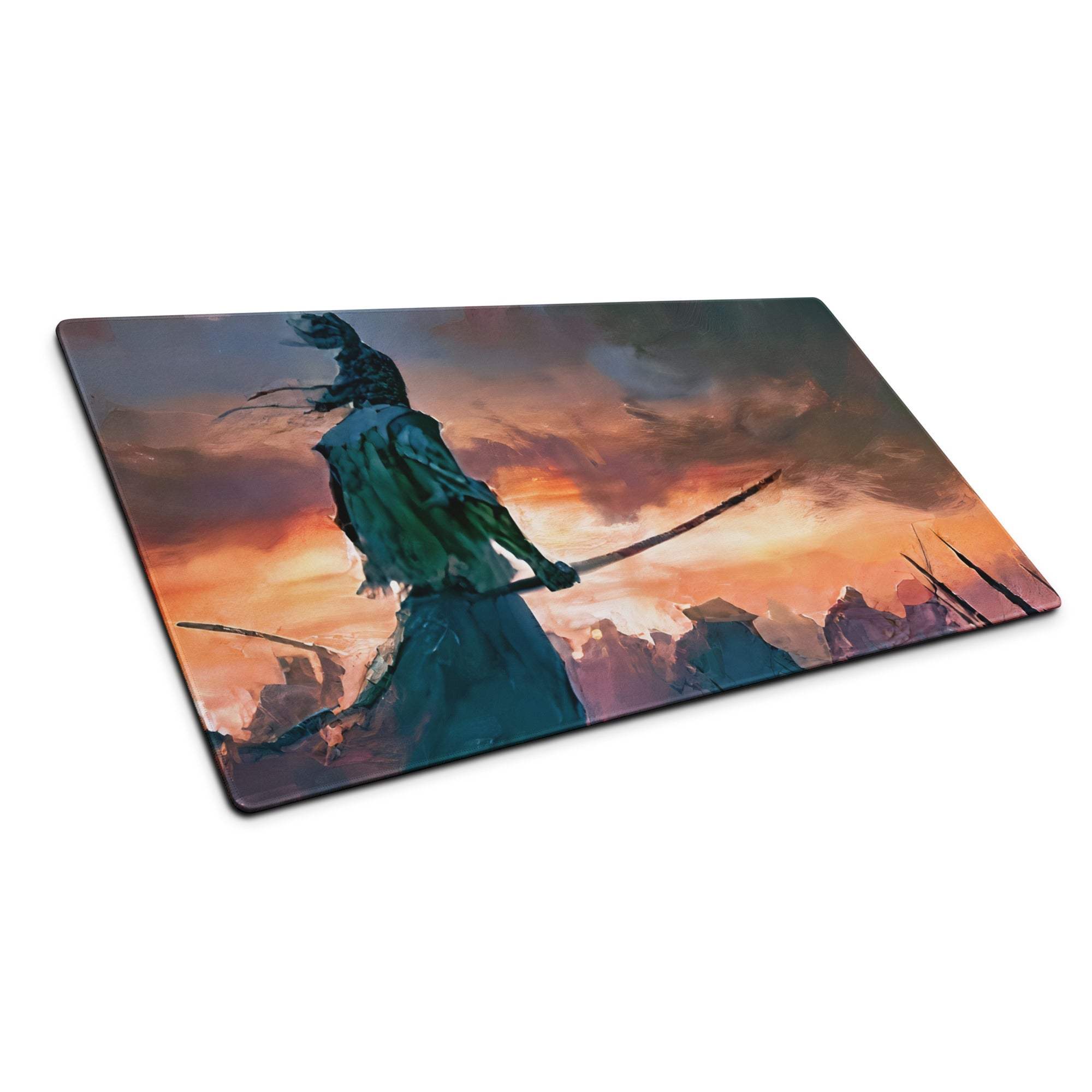 Epic fantasy samurai warrior with dual swords in fiery sunset gaming mouse pad