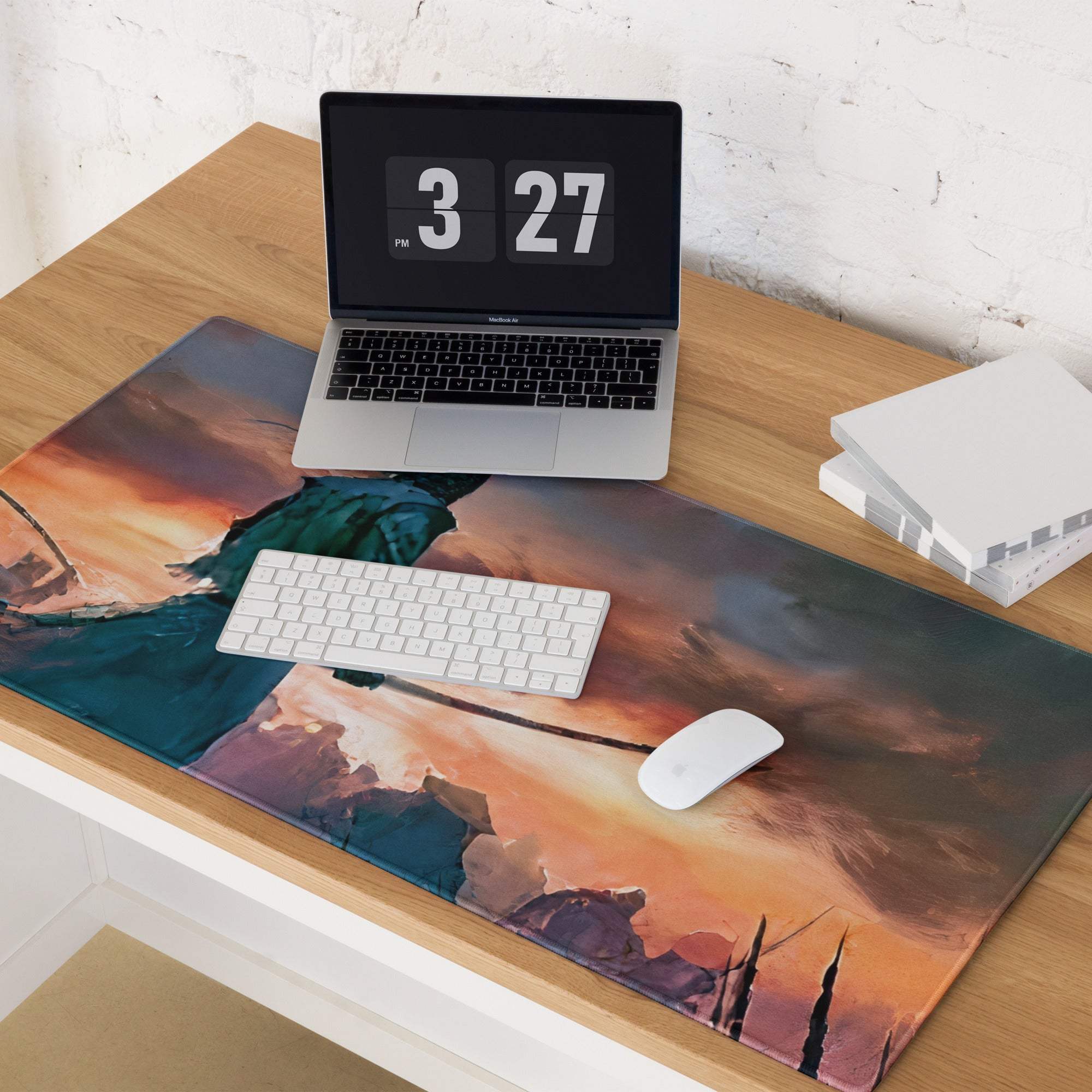 Epic fantasy warrior sword fiery sunset battle gaming mouse pad with abstract orange teal purple design