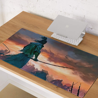 Epic fantasy warrior in green armor on cliff at fiery sunset gaming mousepad