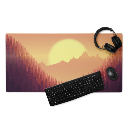 Epic Sunset Mountain Forest gaming mouse pad with vibrant sunset over mountains and pines