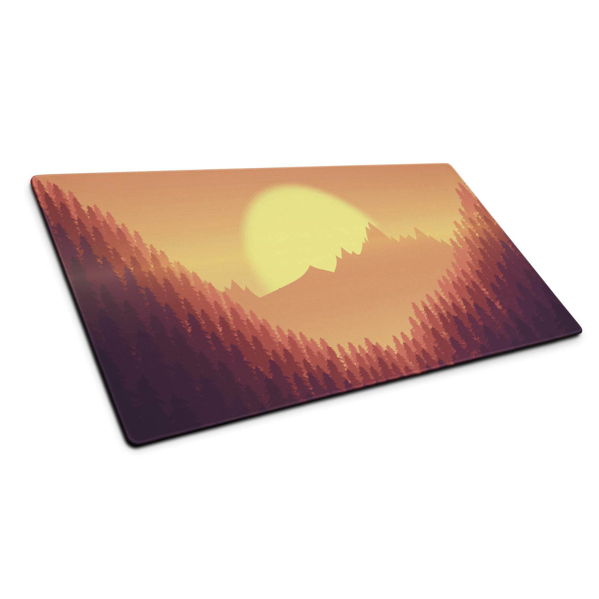 Epic Sunset Mountain Forest large gaming mouse pad with warm sunset over mountains and pines