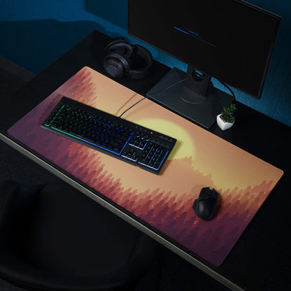 Epic Sunset Mountain Forest large gaming mouse pad with vibrant sunset over pines
