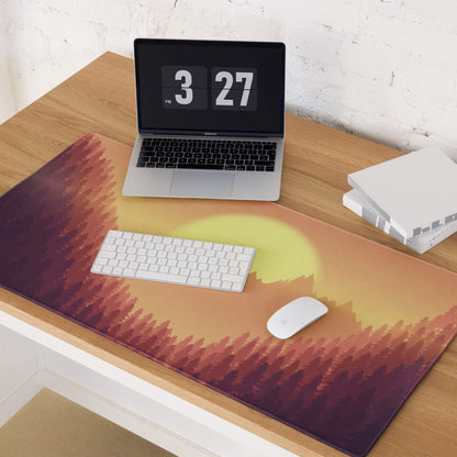 Epic Sunset Mountain Forest large gaming mouse pad with vibrant orange-purple gradient, silhouetted trees, glowing sun