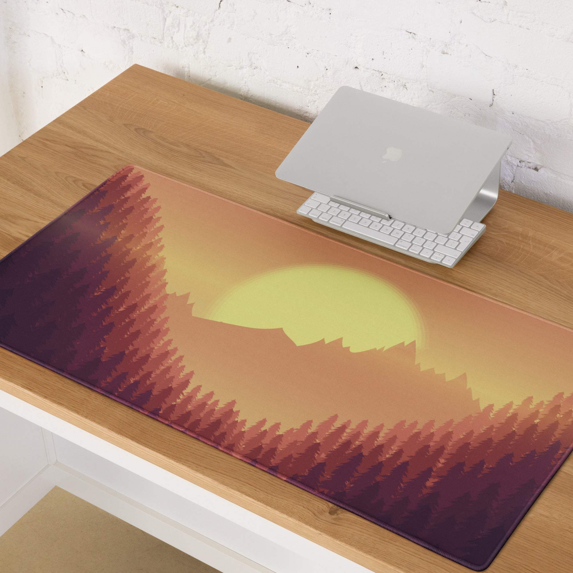 Epic Sunset Mountain Forest large gaming mousepad with stylized sunset over pine trees