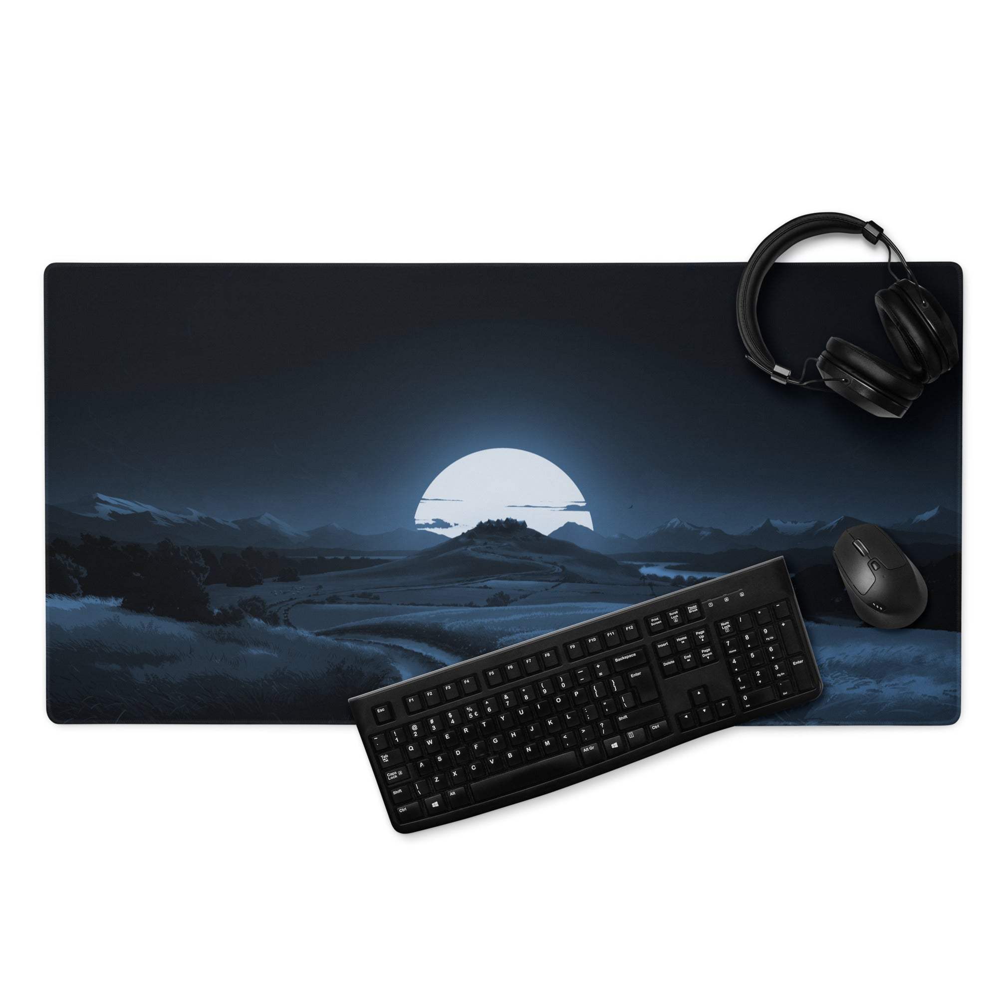 Black gaming mousepad with moonlit snow-capped mountains night landscape