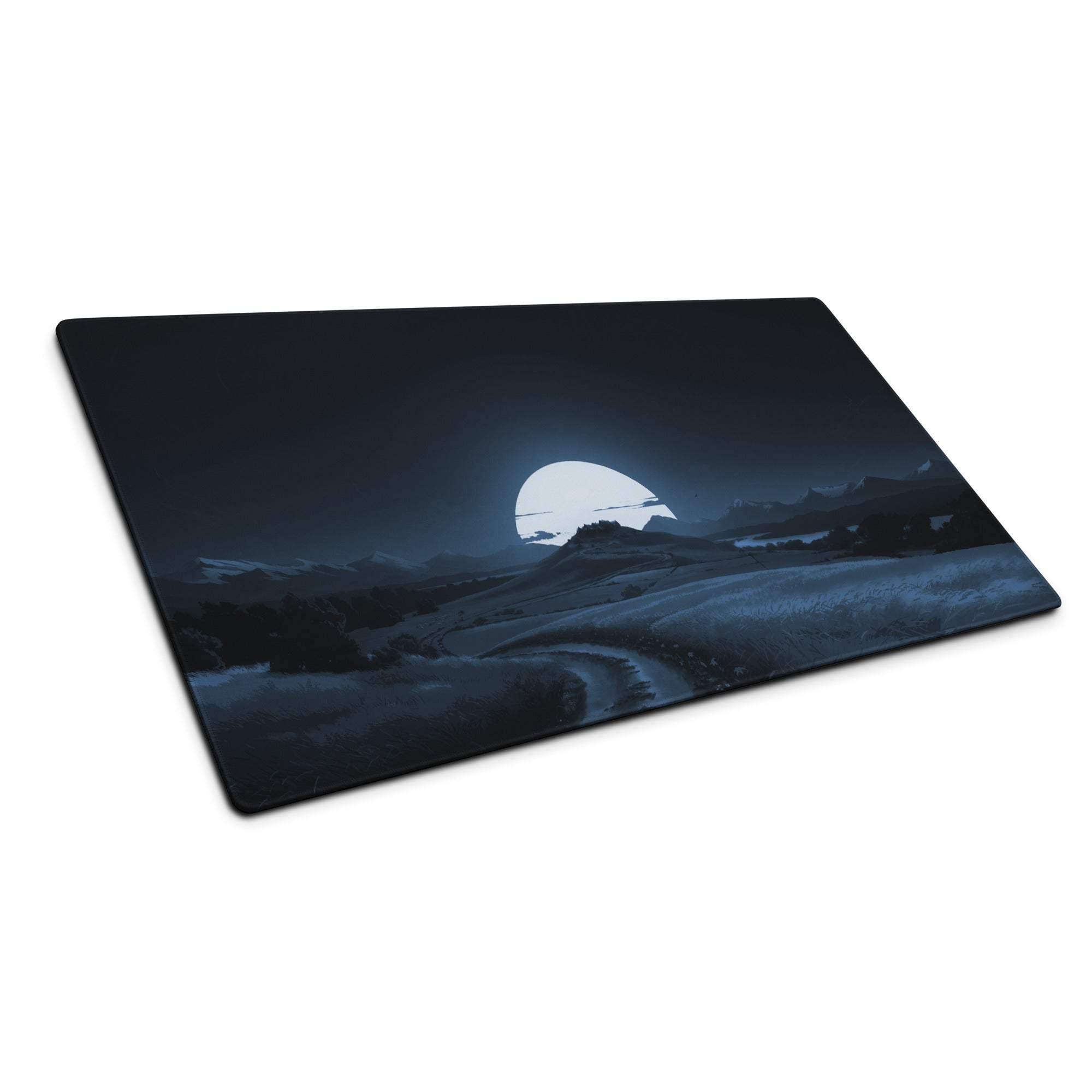 Dark blue large non-slip gaming mouse pad with moonlit snowy mountains