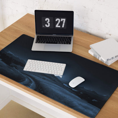 Black minimalist desk mat with swirling dark blue gray mountain landscape, large non-slip gaming mouse pad