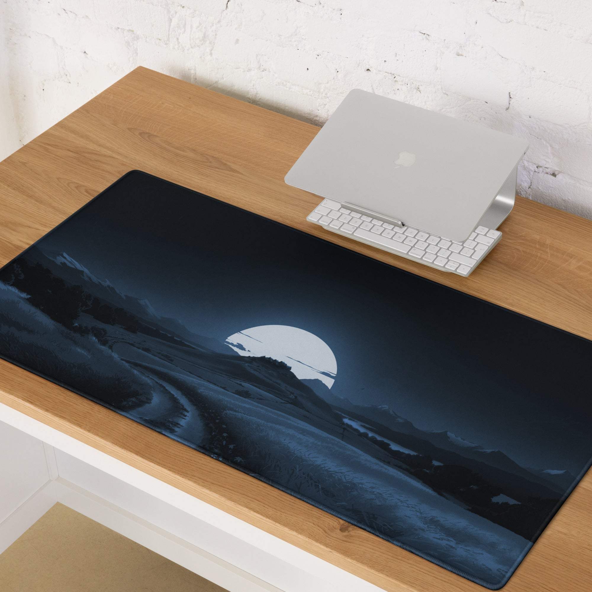 Dark blue large non-slip gaming mousepad with moonlit mountain landscape