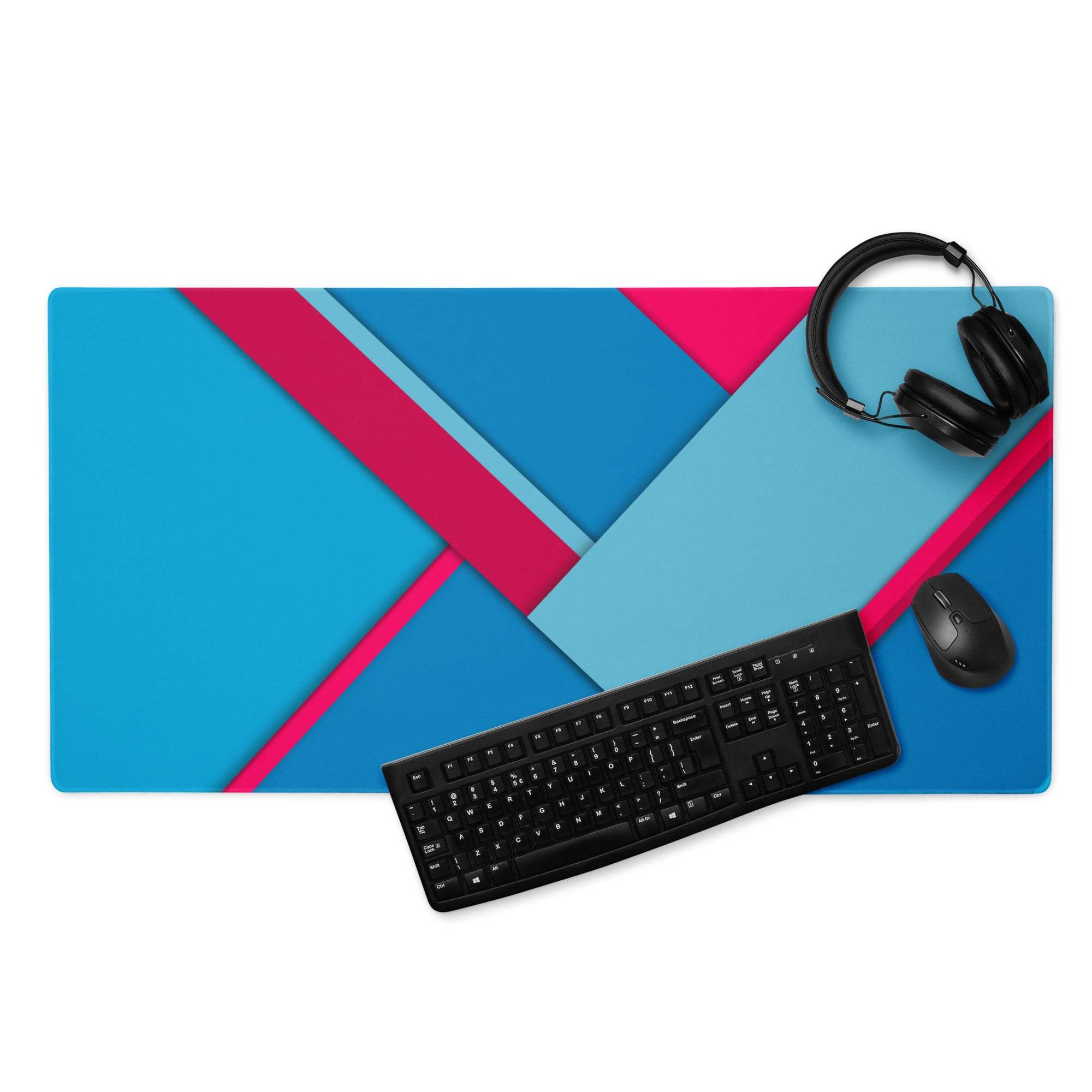 Vibrant geometric blue pink gaming mouse pad with non-slip base