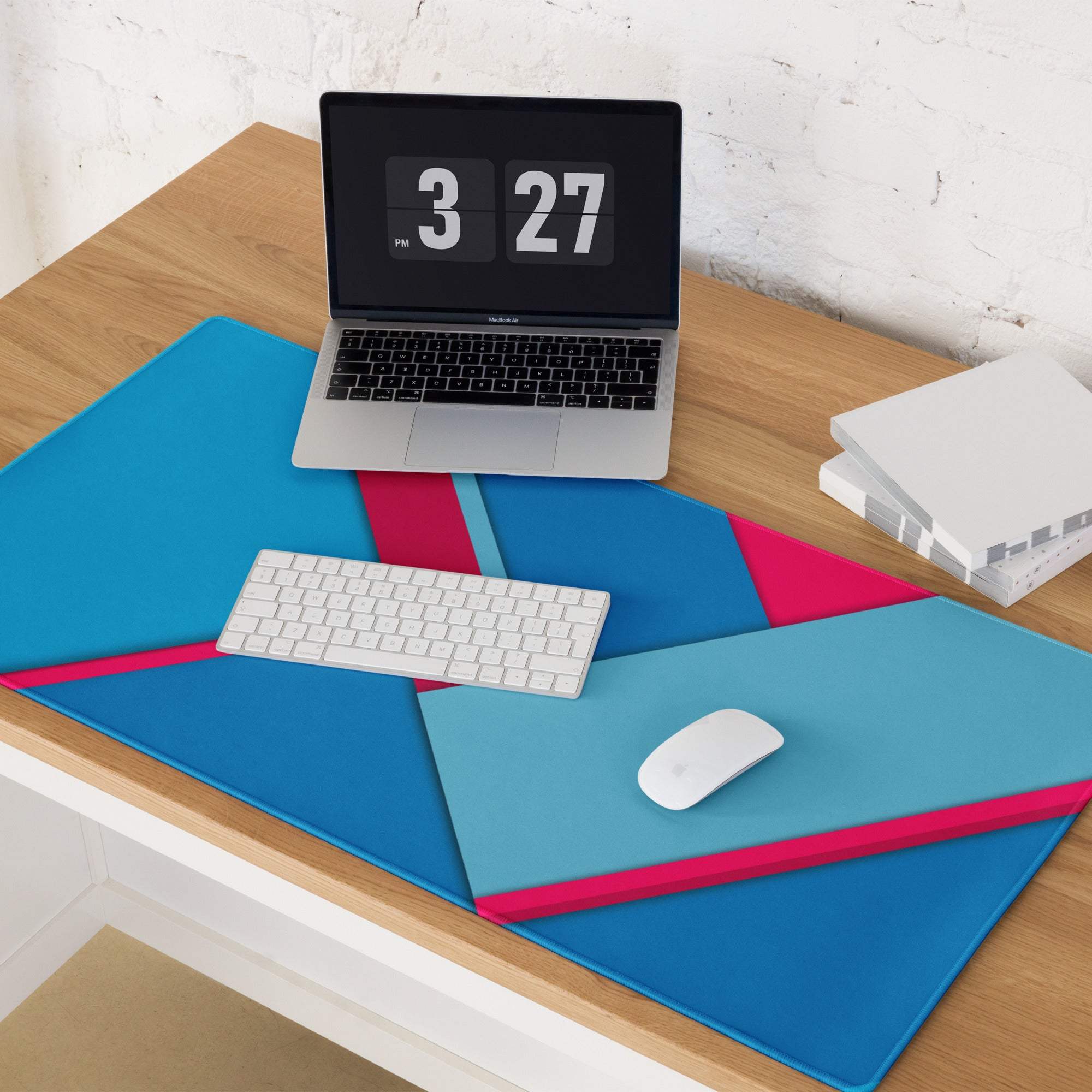 Vibrant large geometric blue pink teal magenta gaming mouse pad with non-slip base