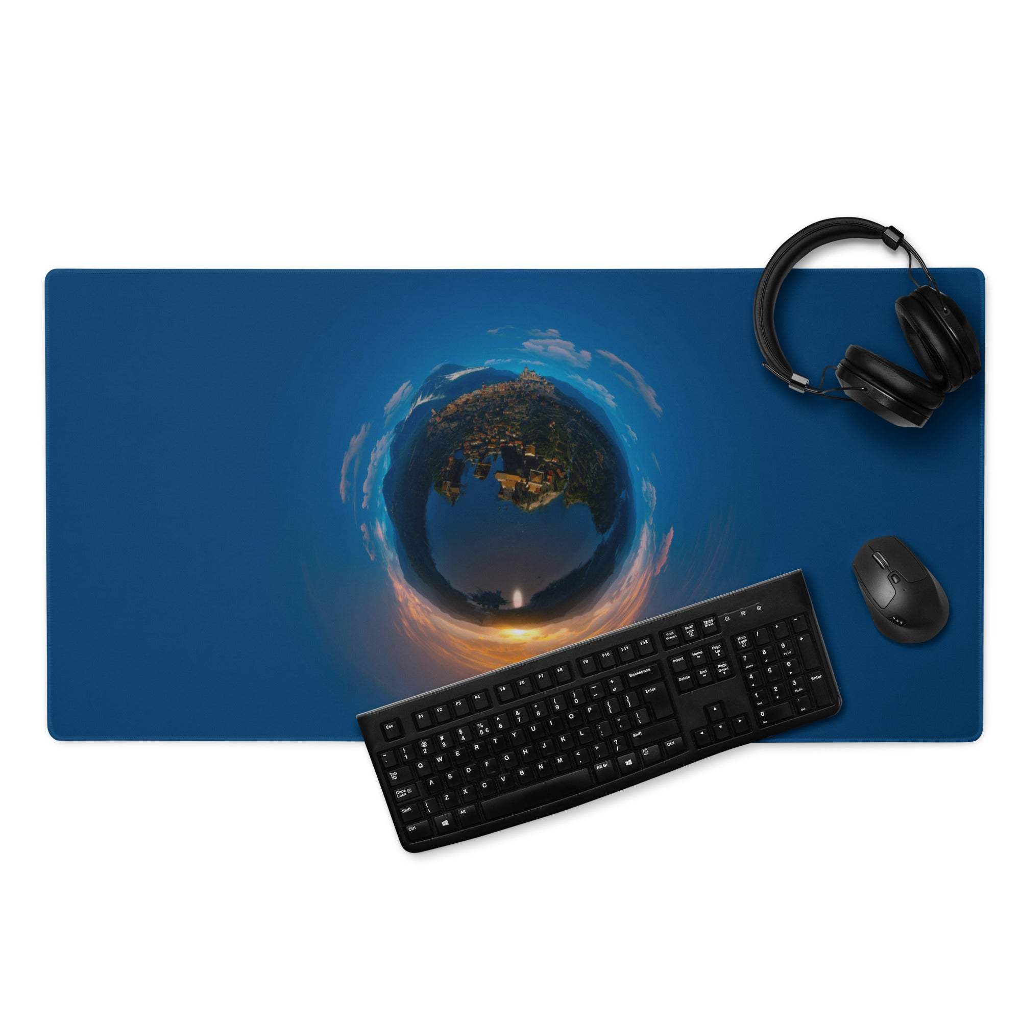 Blue rectangular mousepad with dusk coastal town panorama, deep ocean gaming design
