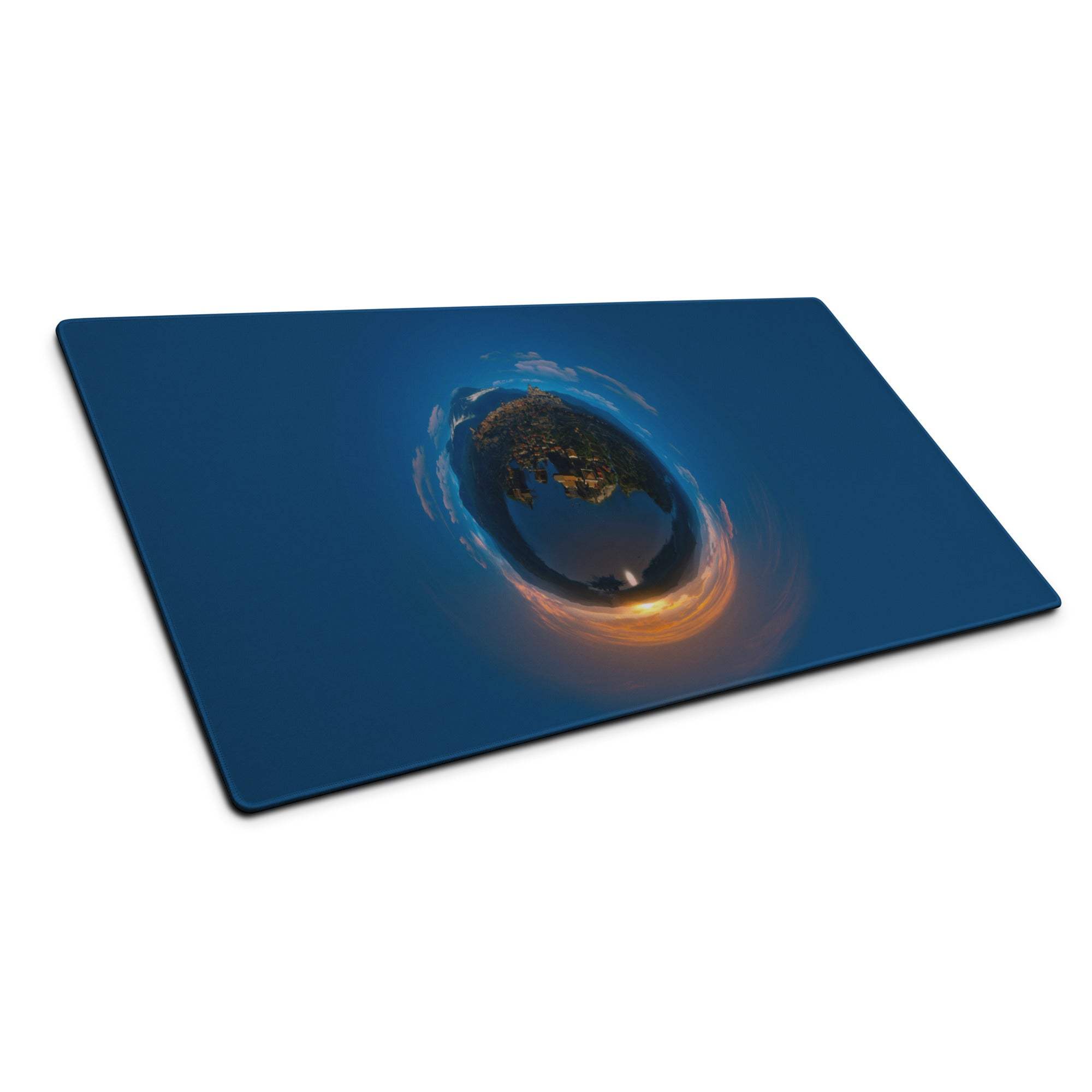 Blue cosmic planet gaming mousepad with Earth dusk panorama and city lights