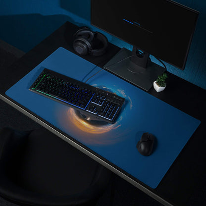 Blue cosmic nebula gaming mousepad with orange white swirls large non-slip