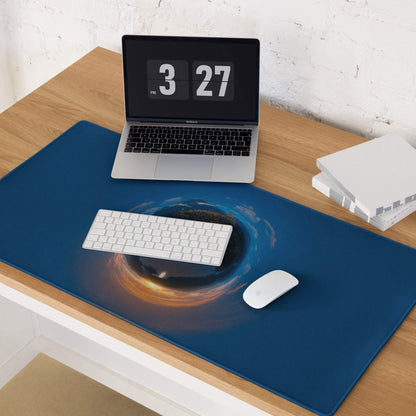 Blue cosmic galaxy gaming mousepad with orange accents, large non-slip base
