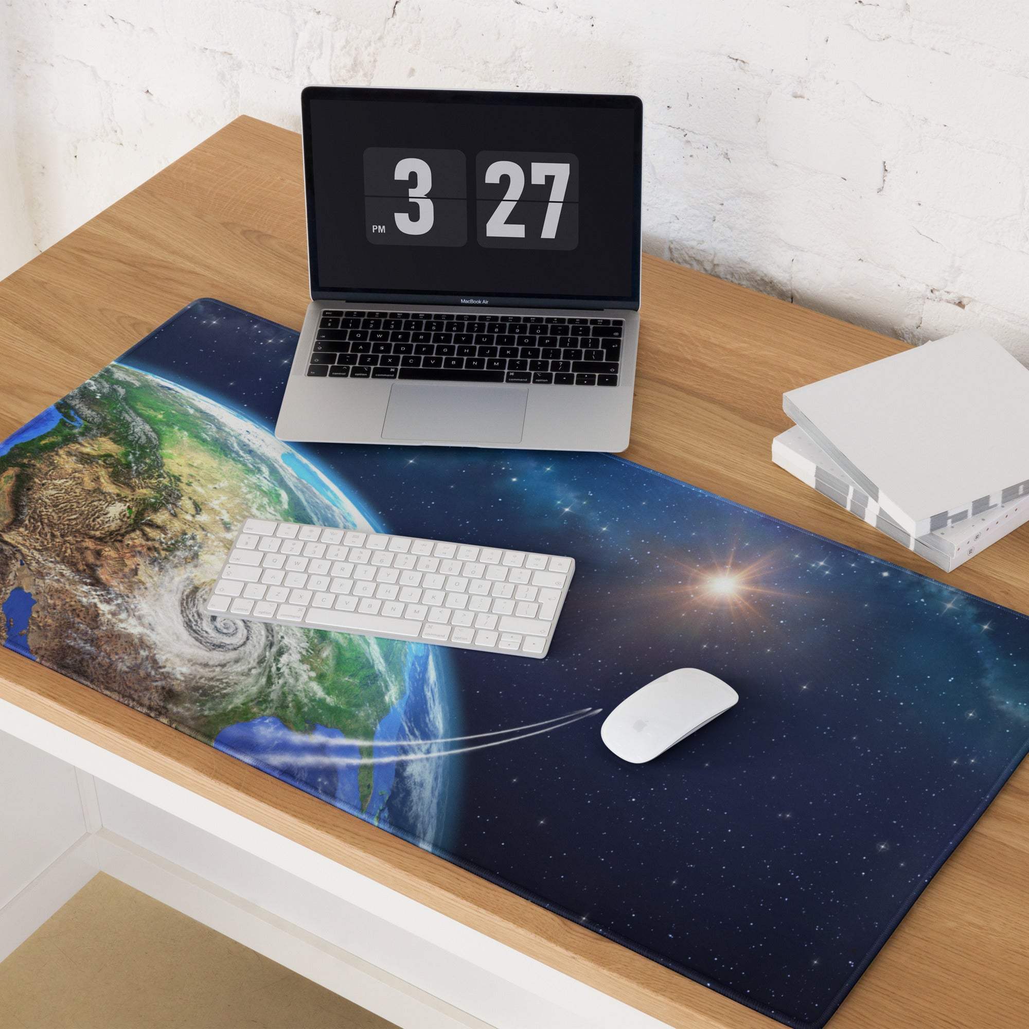Stellar Earth from space gaming mouse pad with clouds, stars, non-slip backing