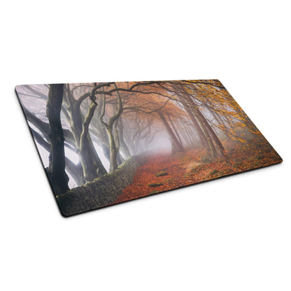 Large autumn forest path mouse pad with edge stitching and non-slip backing