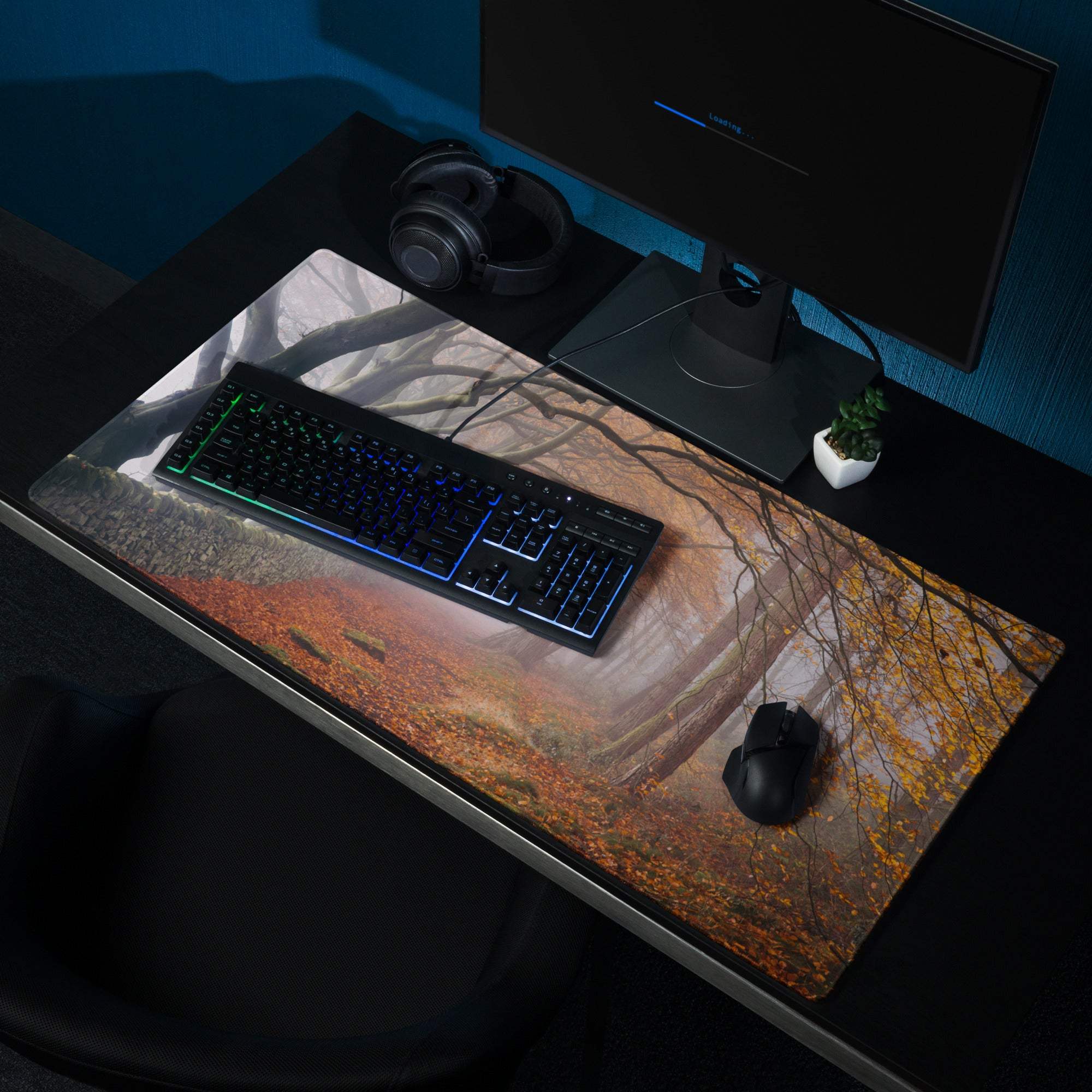 Large autumn forest path gaming mousepad with edge stitching, non-slip backing, bare trees, fallen leaves