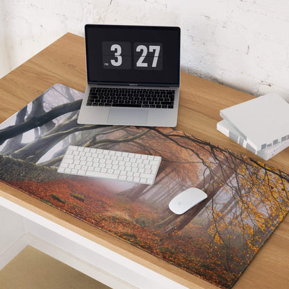 Autumn forest path gaming mouse pad with bare branches, leaves, edge stitching