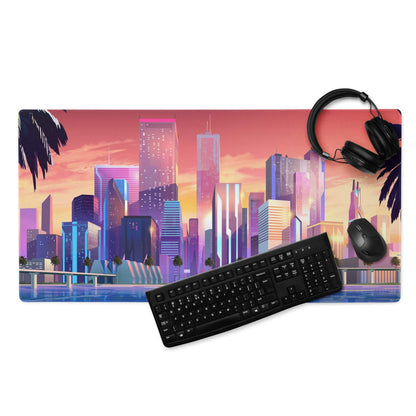Sunset cityscape gaming mouse pad with vibrant neon skyline, non-slip base