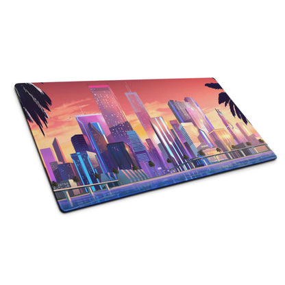 Vibrant neon sunset cityscape on large glossy gaming mouse pad