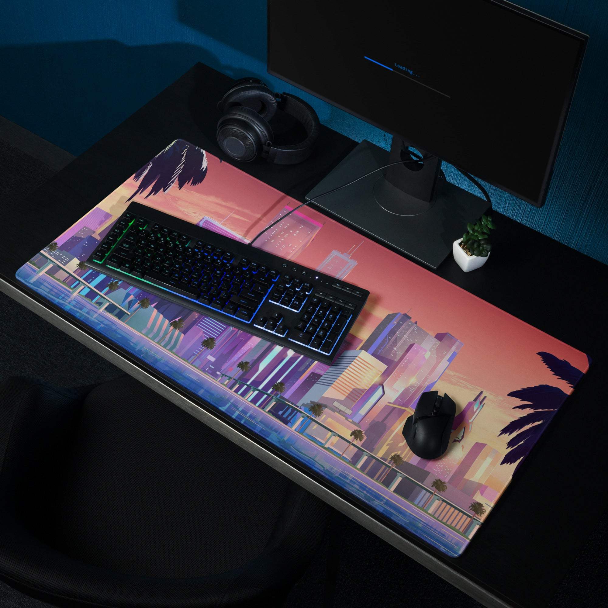 Vibrant sunset cityscape gaming mouse pad with non-slip base, large size