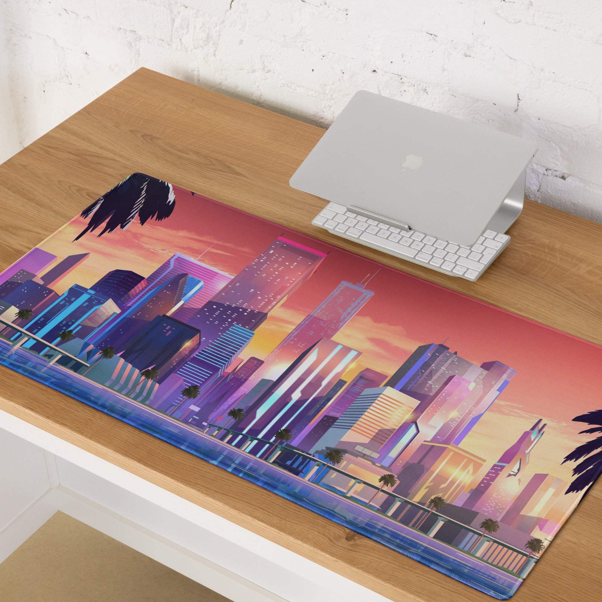 Vibrant neon sunset cityscape gaming mouse pad with black eagle, palm trees