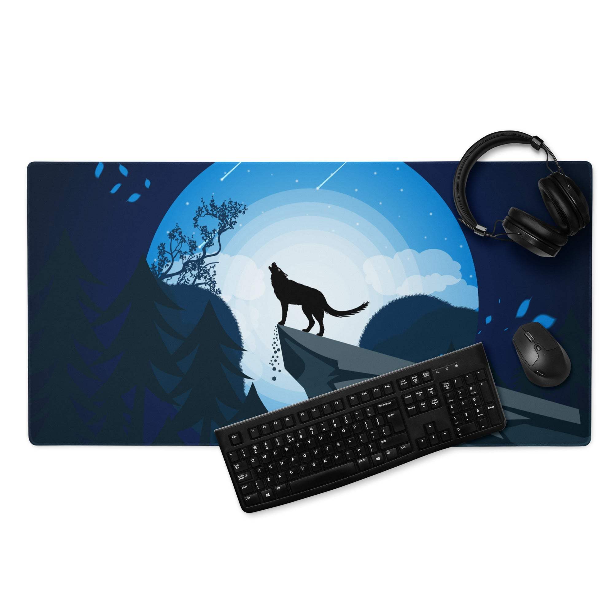 Blue wolf howling on cliff gaming mouse pad with moonlit night scene