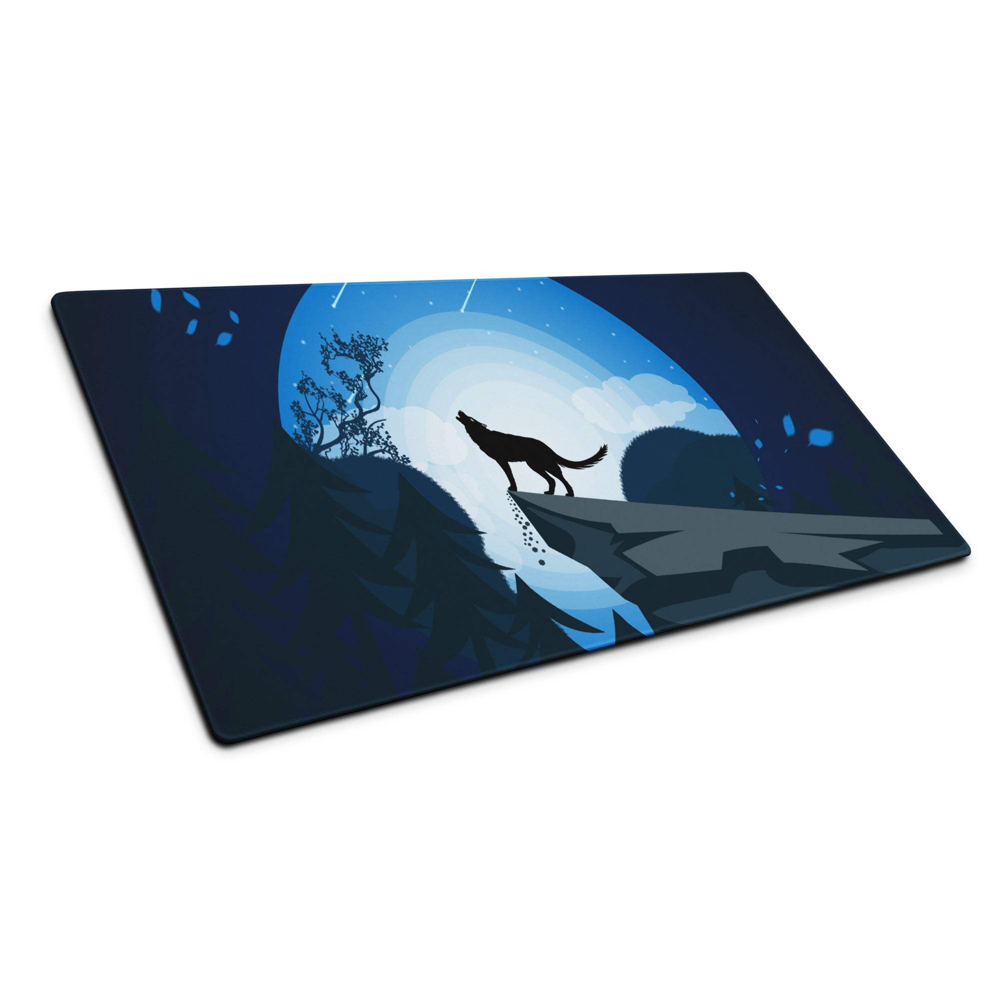 Blue black howling wolf silhouette on moonlit starry cliff gaming mouse pad