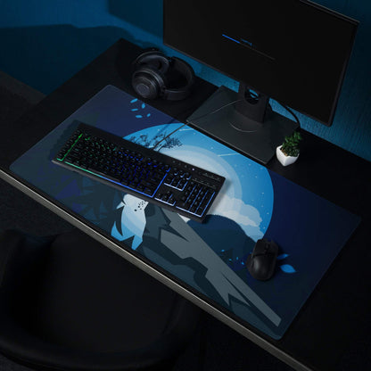 Blue black moonlit wolf howling on cliff gaming mouse pad