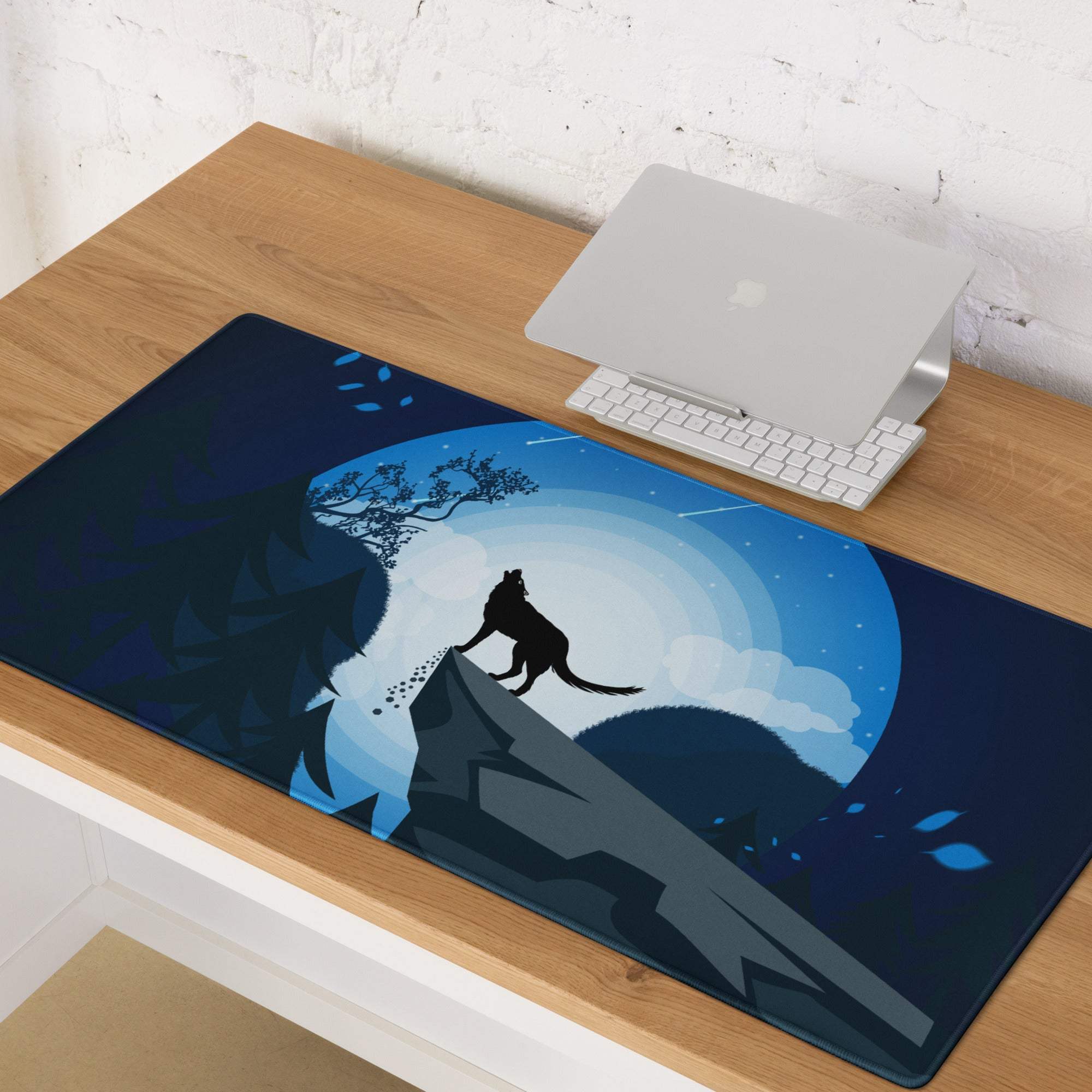 Blue wolf howling on cliff gaming mouse pad with moonlit mountain scene