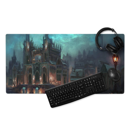 Large moody gothic fantasy city night cathedral mouse pad with teal orange dusk lighting
