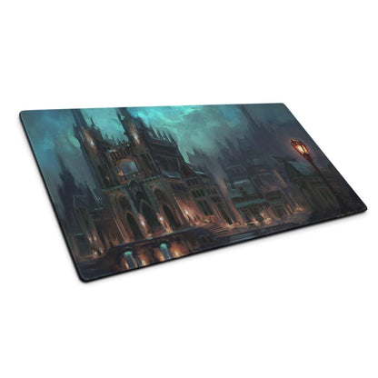 Moody gothic fantasy cathedral night gaming mousepad, large non-slip