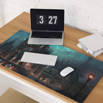 Moody Gothic Fantasy City Night Scene gaming mouse pad with illuminated teal cityscape