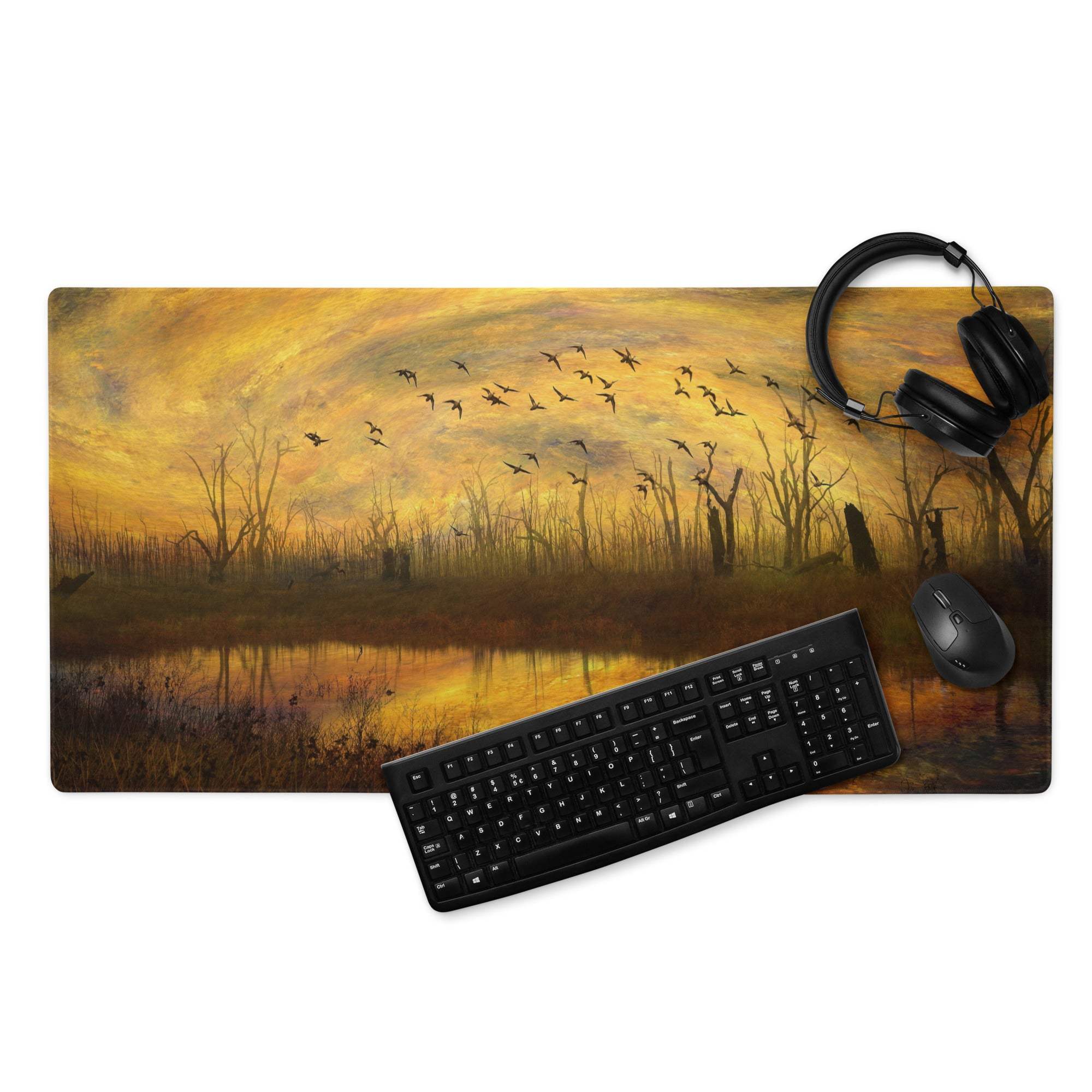 Impressionist sunset marsh with birds in golden tones gaming mouse pad