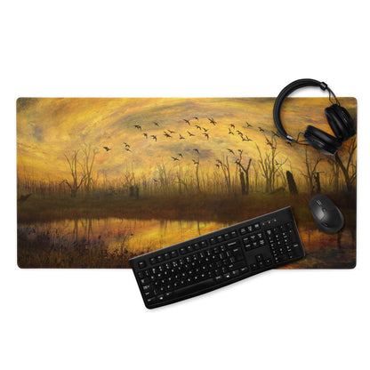 Impressionist sunset marsh with birds in golden tones gaming mouse pad