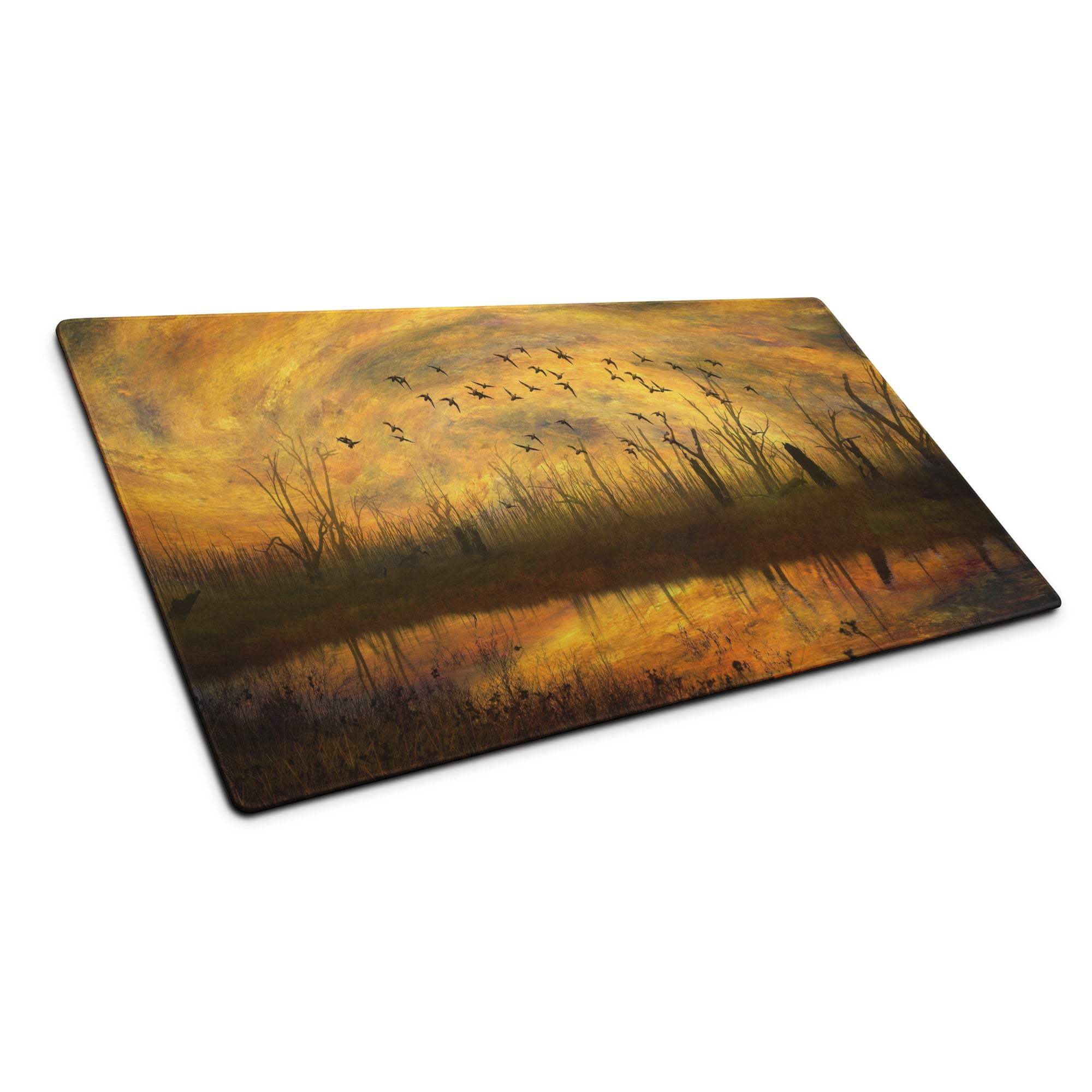 Impressionist sunset marsh with birds in golden tones on large gaming mouse pad
