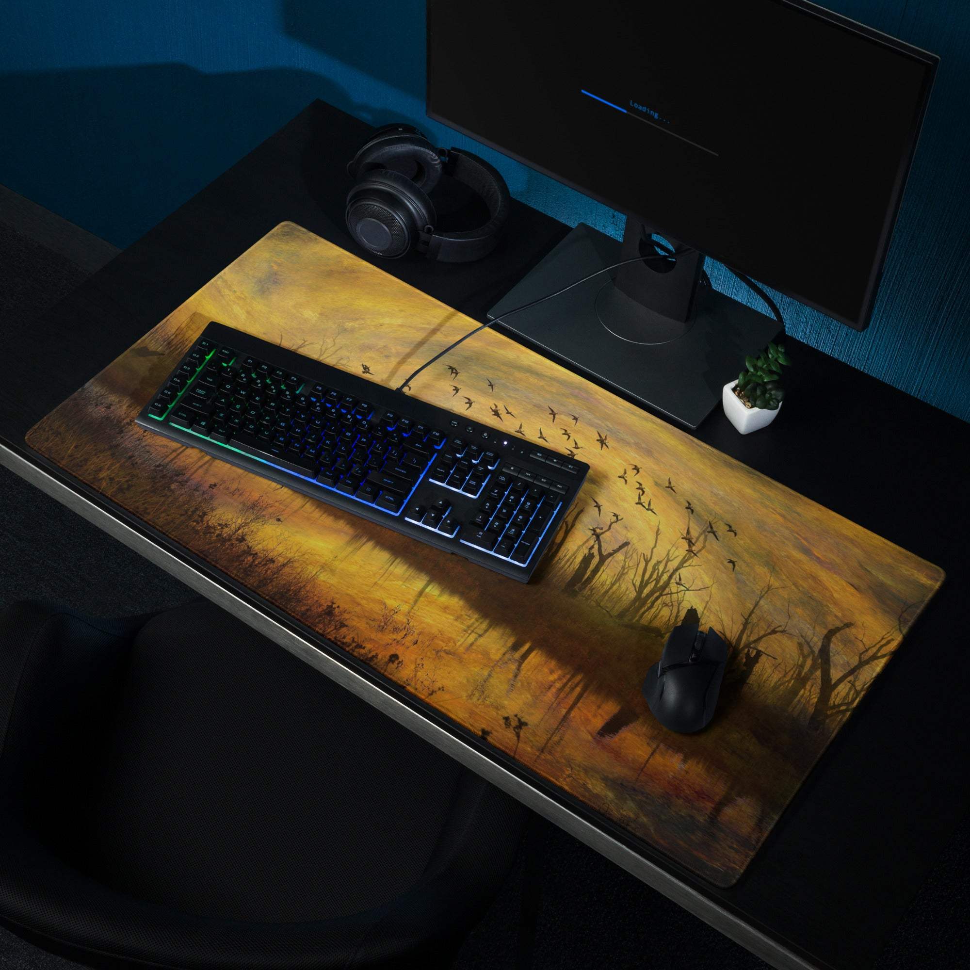 Impressionist sunset landscape with birds in golden warm tones gaming mouse pad