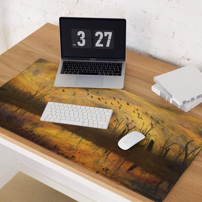 Impressionist sunset landscape with birds in golden warm tones large gaming mouse pad