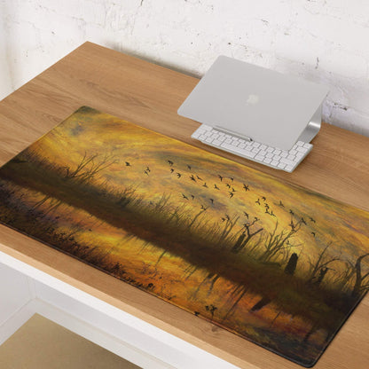 Impressionist sunset landscape with birds in golden tones large gaming mouse pad