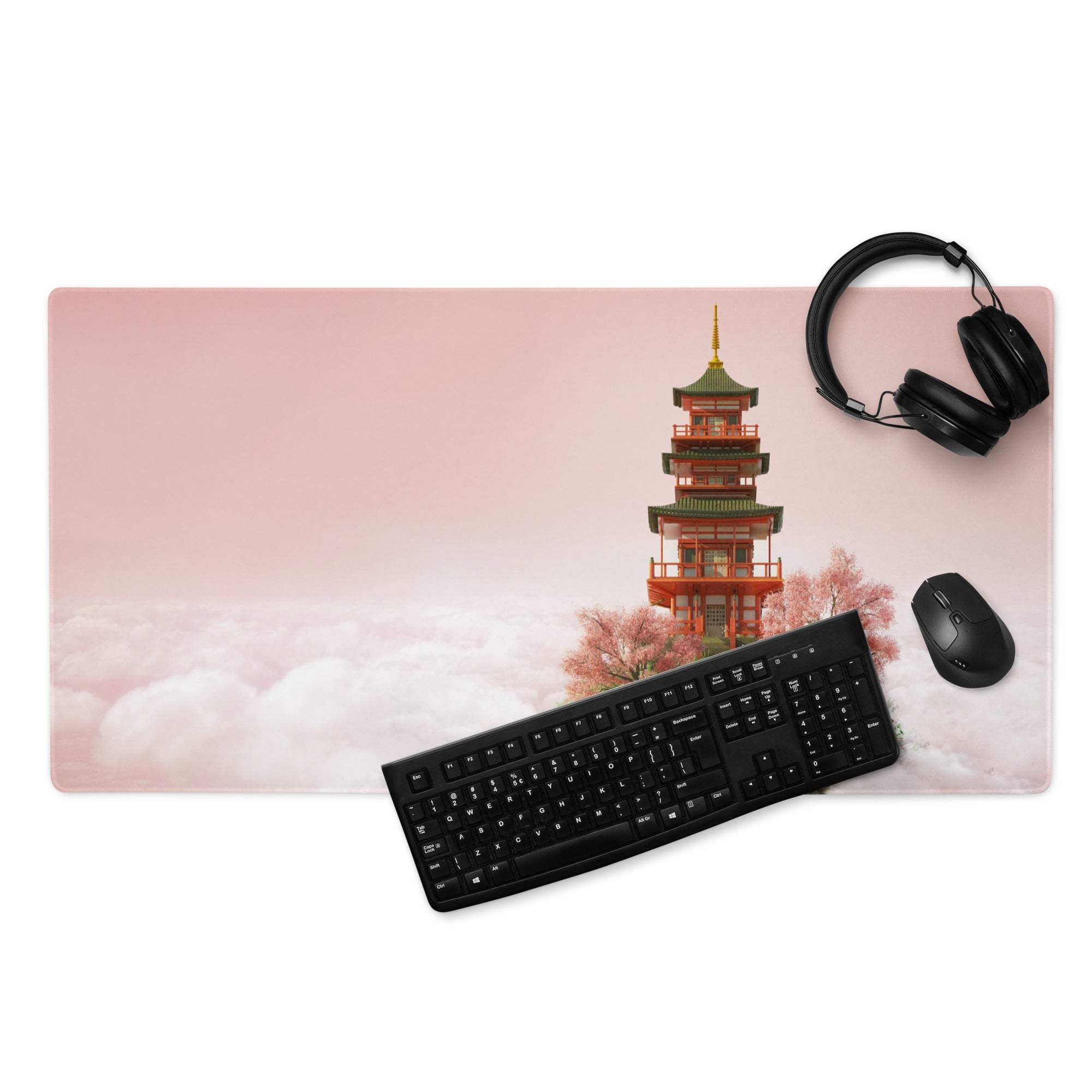 Dreamy pink sky pagoda on clouds large gaming mouse pad